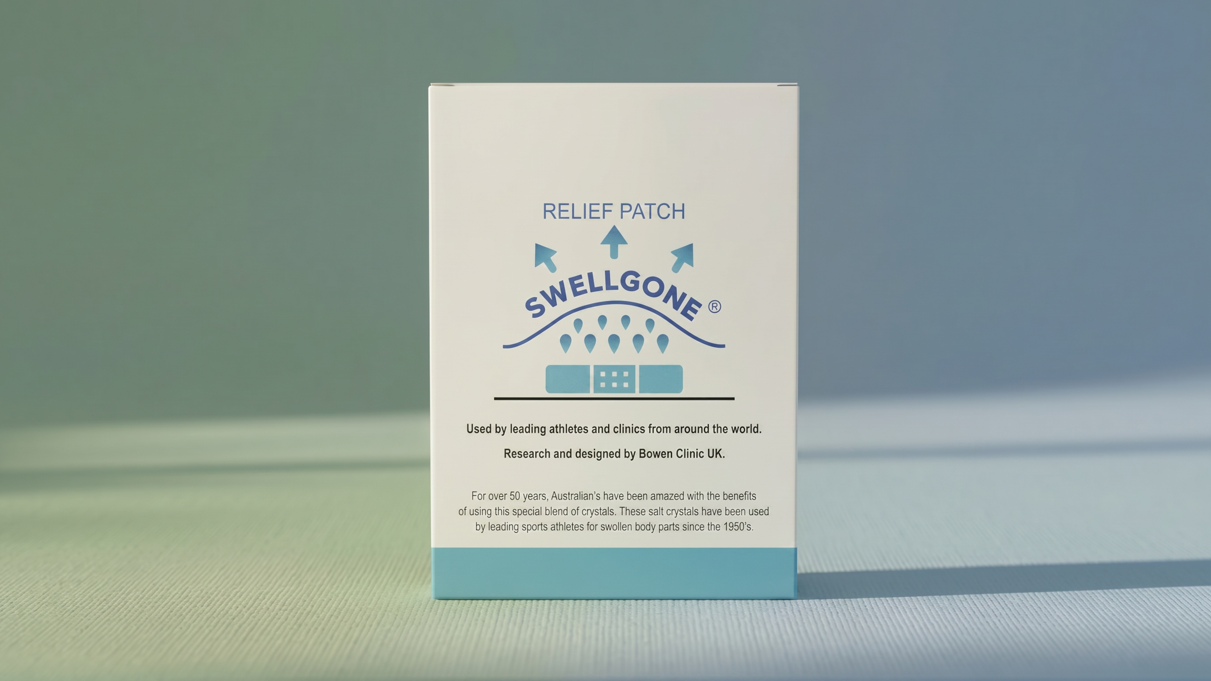 Swellgone relief patch packaging on a gradient background